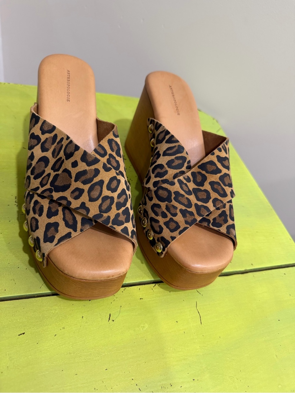 Anthropologie Leopard-Print Crisscross Platform Slides in Tan and Black